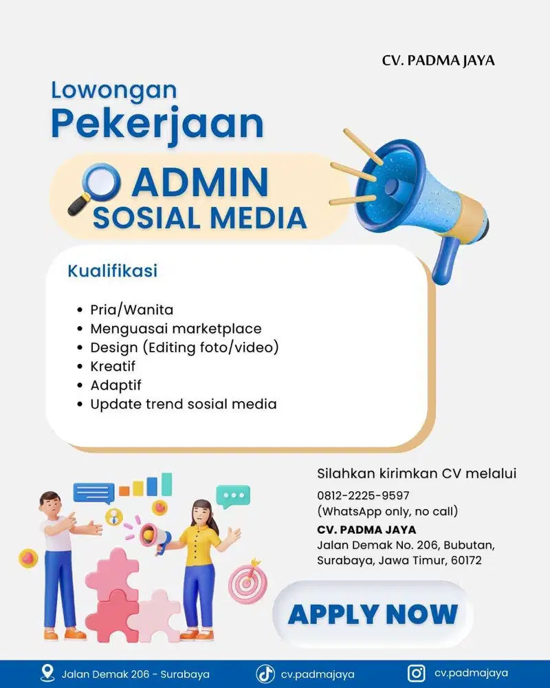 DIBUTUHKAN ADMIN ,SOCIAL MEDIA SPECIALIST, CHECKER GUDANG