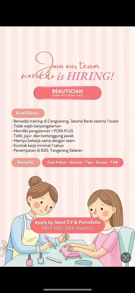 DICARI KARYAWATI UNTUK NAILS/LASH (Tidak Wajib Berpengalaman)