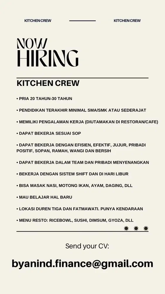 Kitchen Crew/ Juru Masak