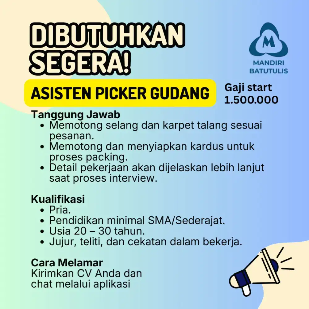 Dibutuhkan segera Asisten Picker Gudang