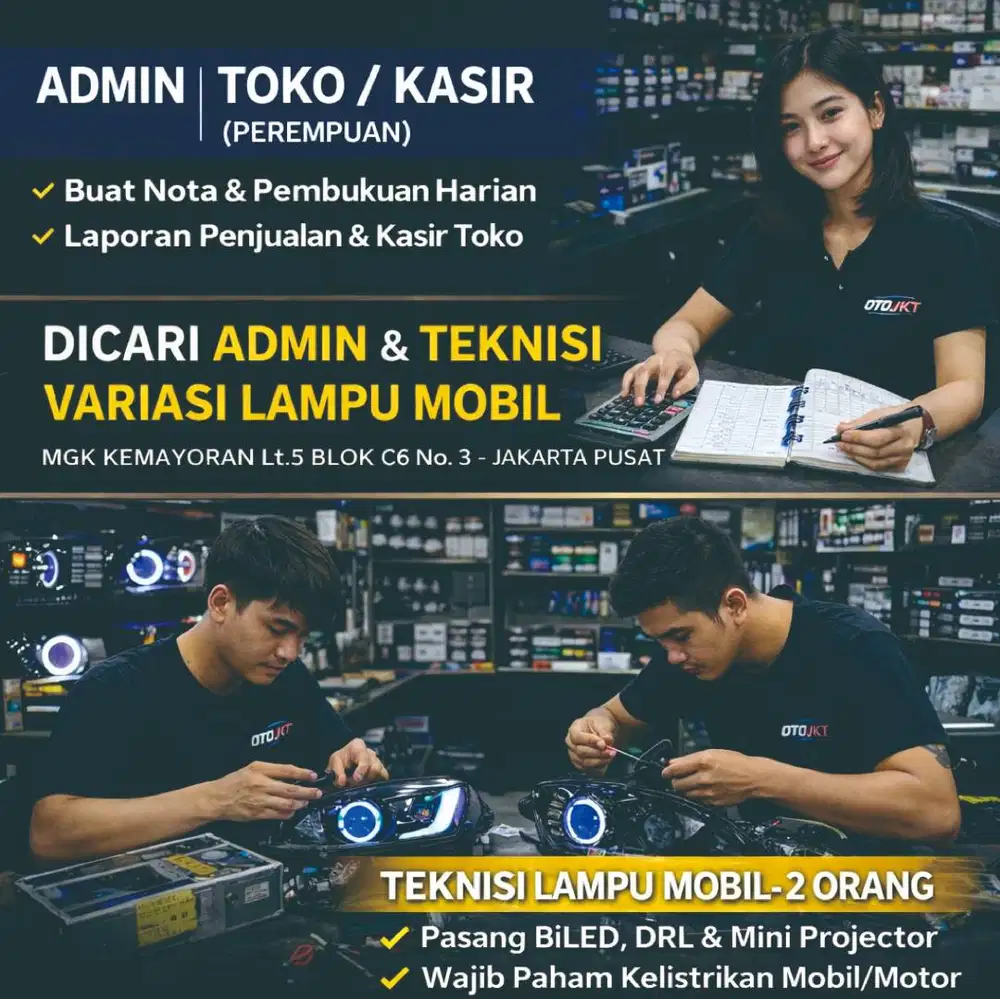 Lowongan Bengkel Variasi Lampu Mobil Admin Kasir Teknisi Lampu MGK