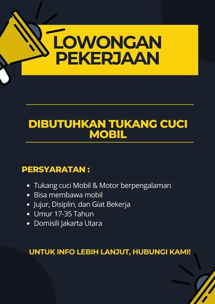 Dicari tukang cuci mobil yang memiliki skck
