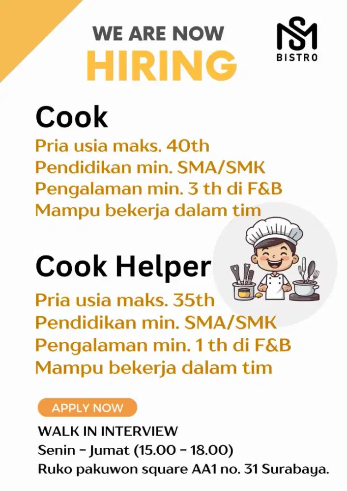 Dibutuhkan cepat cook atau cook helper