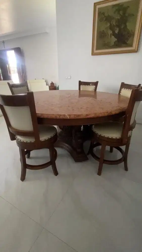 Meja Makan Marmer Asli Coklat + Kursi Kayu Ukir | Berat & Kokoh