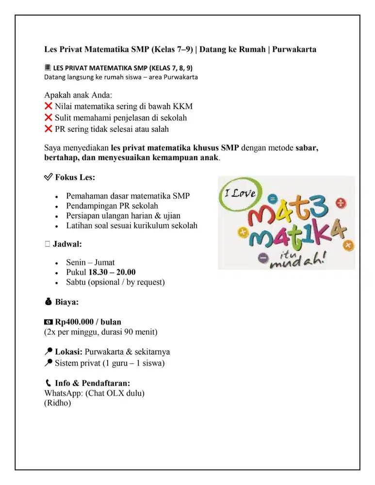Les Privat Matematika SMP–SMA | Datang ke Rumah | Purwakarta