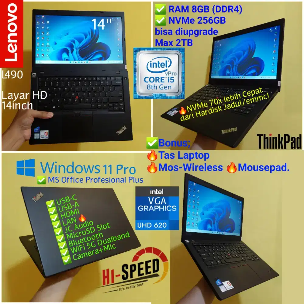 Laptop Thinkpad Core i5 8CPU RAM 8GB NVMe 256GB Lenovo L490