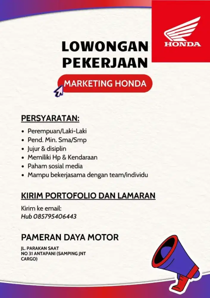 Lowongan kerja marketing Honda