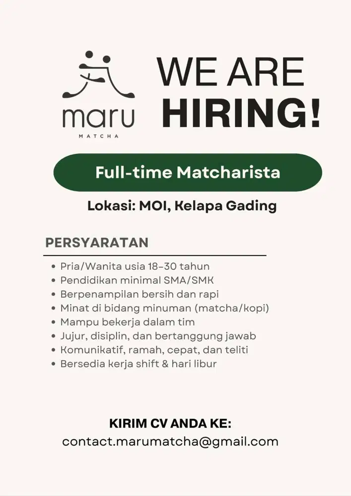 Lowongan Kerja Matcharista Full Time (Kelapa Gading) | Barista