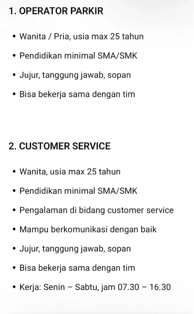 Dicarai cepat customer service admin Dan operator parkir