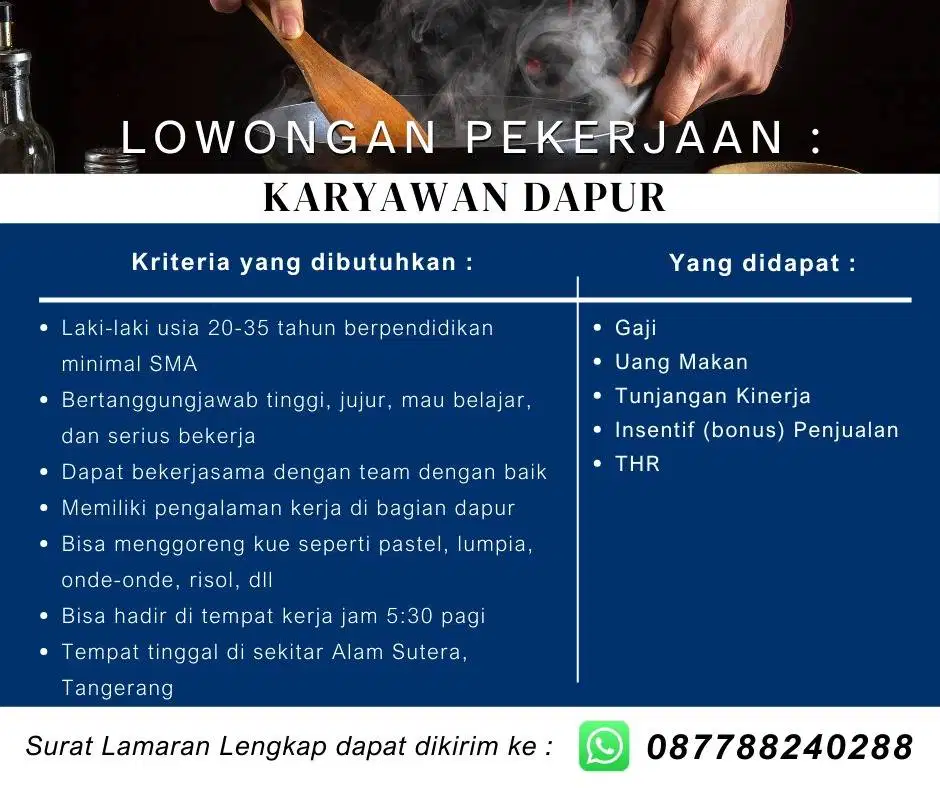 Lowongan Kerja Pasar 8 Alam Sutera : Karyawan Dapur.