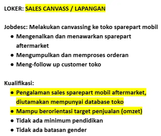 LOKER: SALES CANVASS / LAPANGAN Sparepart Mobil Aftermarket ke Toko