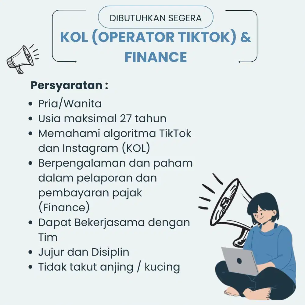 Dibutuhkan segera !! KOL (operator tiktok) dan Finance area cengkareng