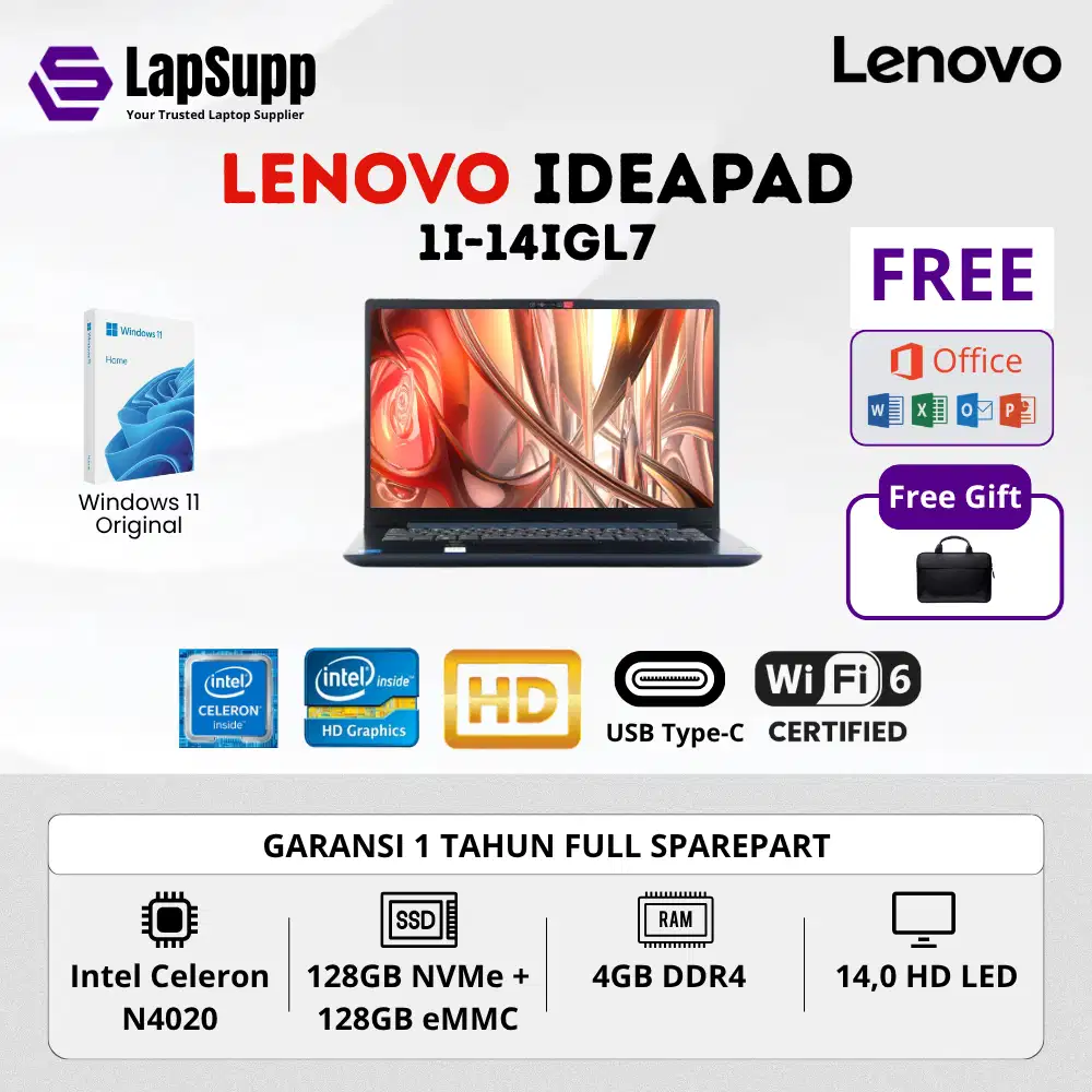 LENOVO IDEAPAD 1i 14IGL7 INTEL CELERON N4020 RAM 4GB 256GB WINDOWS 11