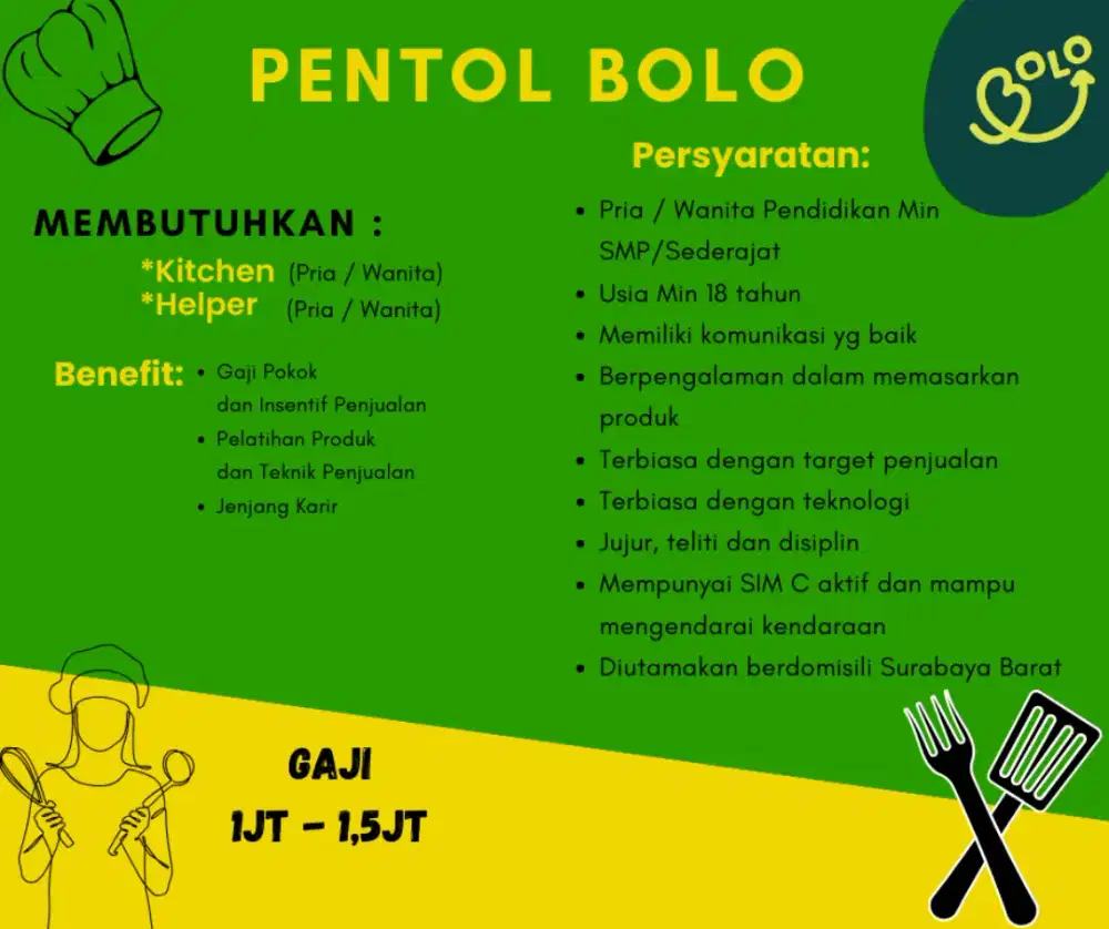 Di Butuhkan Pegawai Kitchen - Helper & Riders Cart Keliling