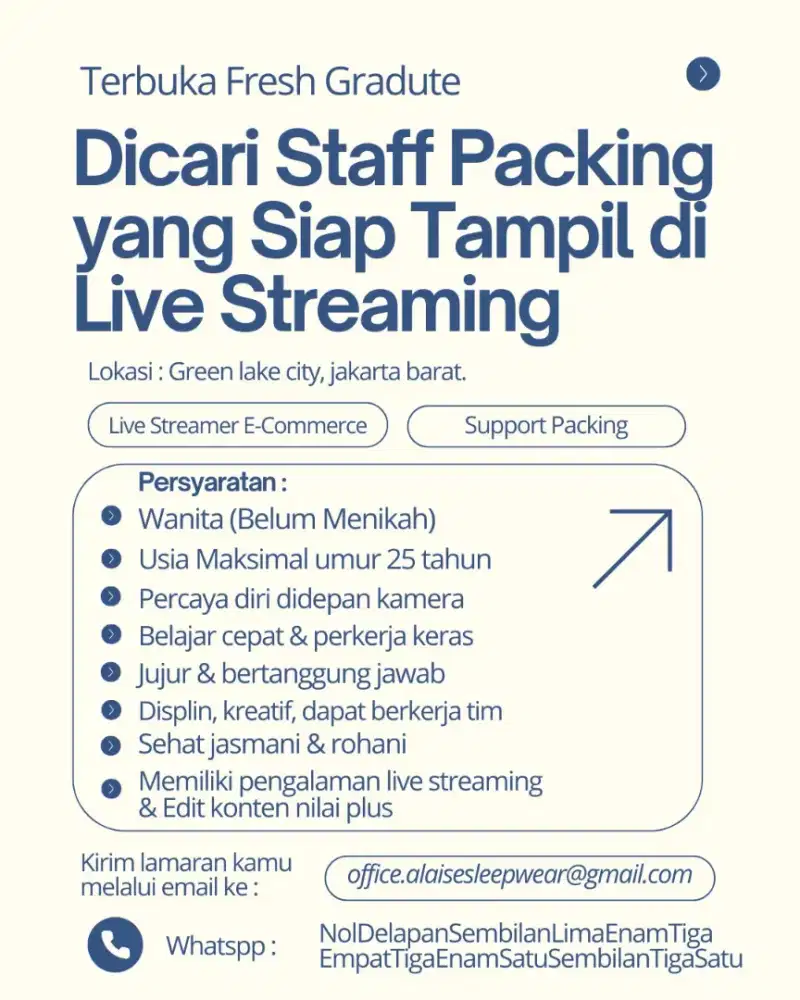 DiButuhkan Segera Staff Packing & Live Streaming