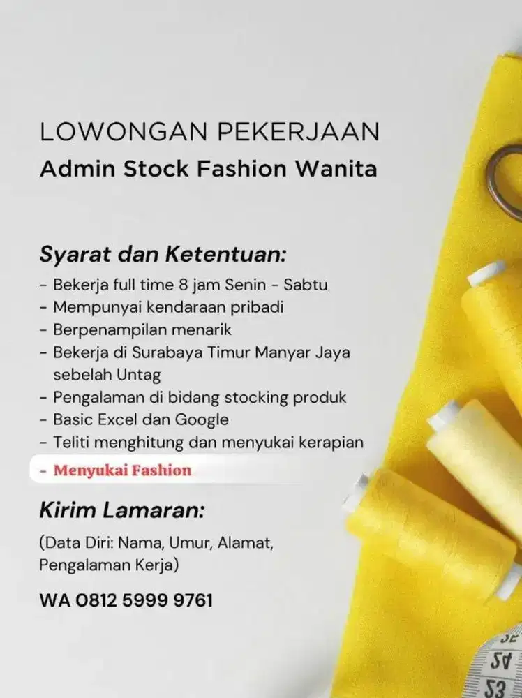 Dicari Admin Stock Fashion Online Merk Flomors Surabaya Timur Manyar