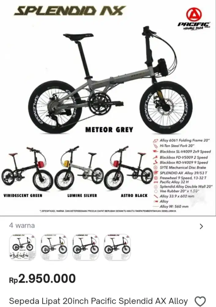 Sepeda lipat Pacific splendid ax 20 2×9 speed
