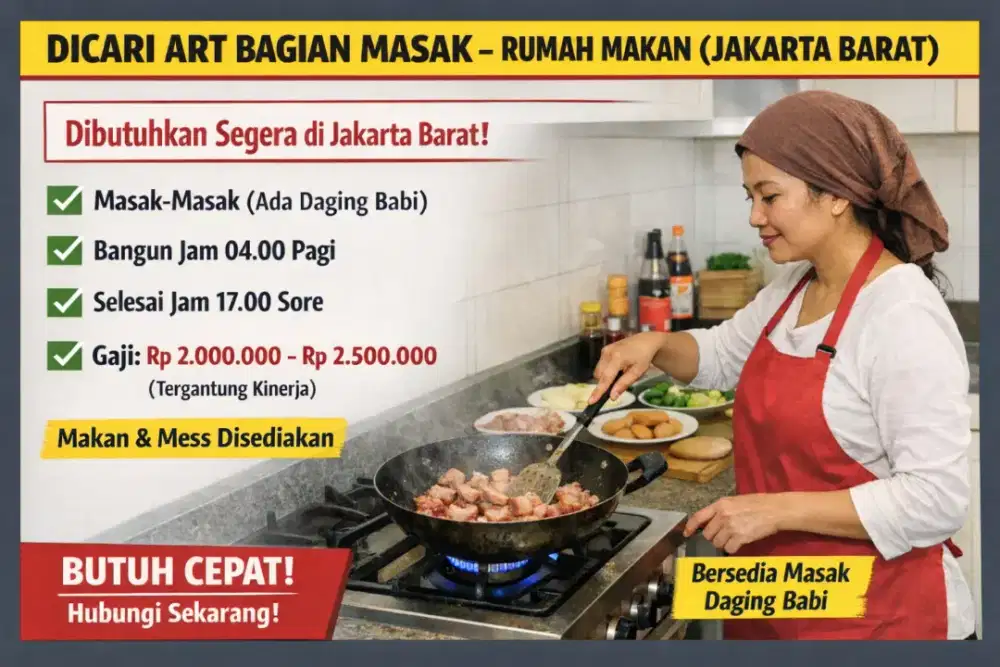 Dicari ART ( Khusus Wanita) Bagian Masak – Rumah Makan (Jakarta Barat)