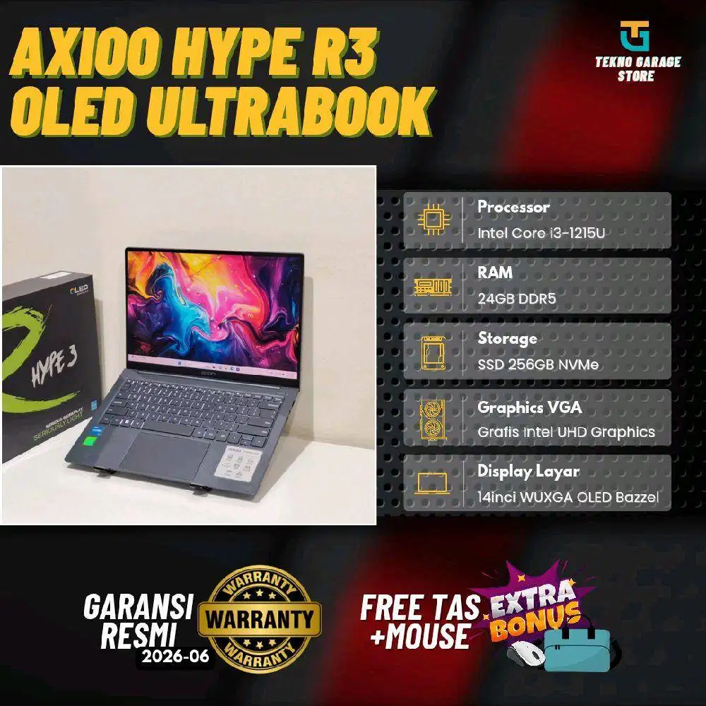 AXIOO HYPE R3 OLED CORE I3-1215U RAM 24GB SSD 256GB 14INCI WUXGA OLED