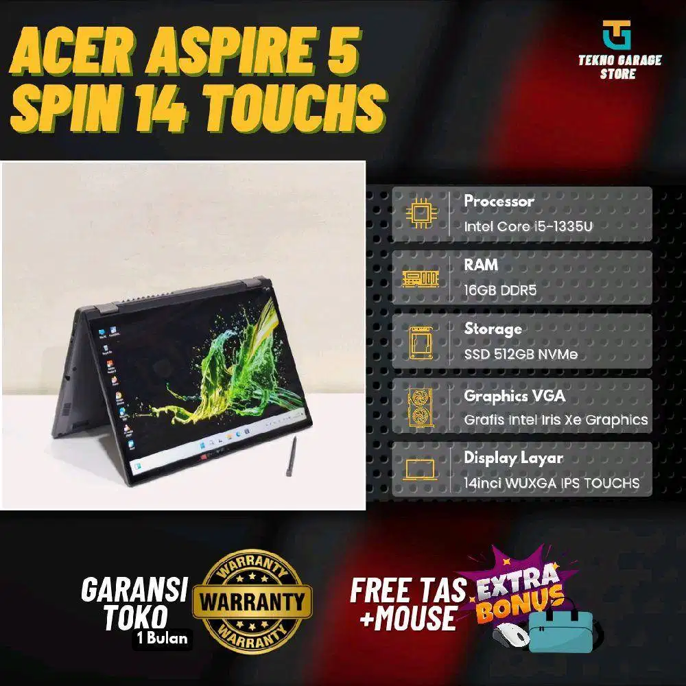 ACER ASPIRE 5 SPIN 14 CORE I5-1335U RAM 16GB SSD 512GB 14INCHI WUXGA