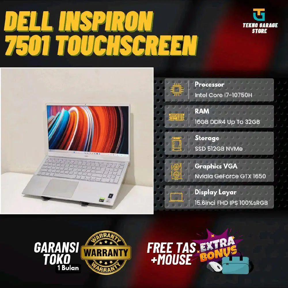 DELL INSPIRON 7501 CORE I7-10750H RAM 16GB SSD 512GB NVIDIA GTX 1650
