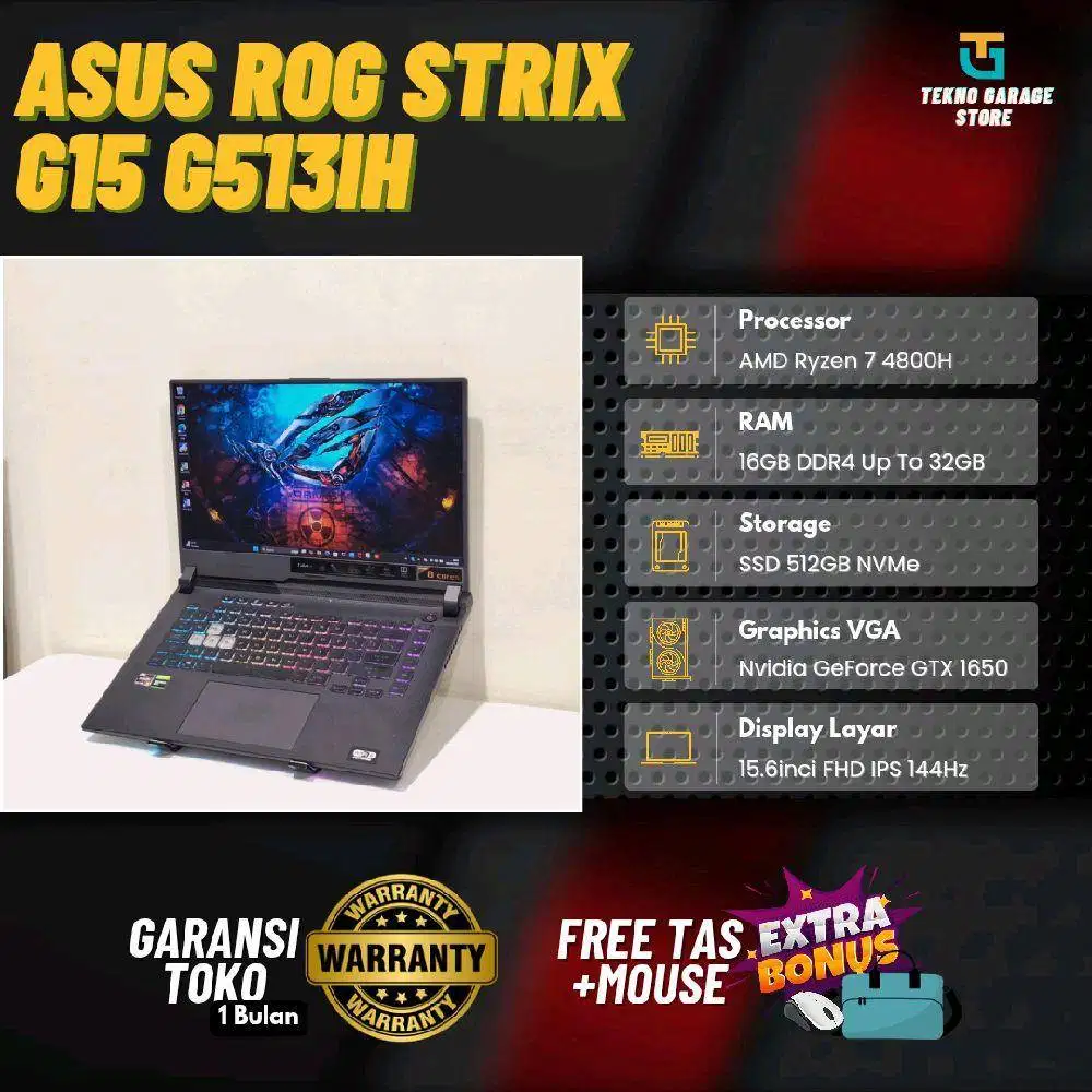 ASUS ROG STRIX G513IH RYZEN 7 4800H RAM 16GB SSD 512GB NVIDIA GTX 1650