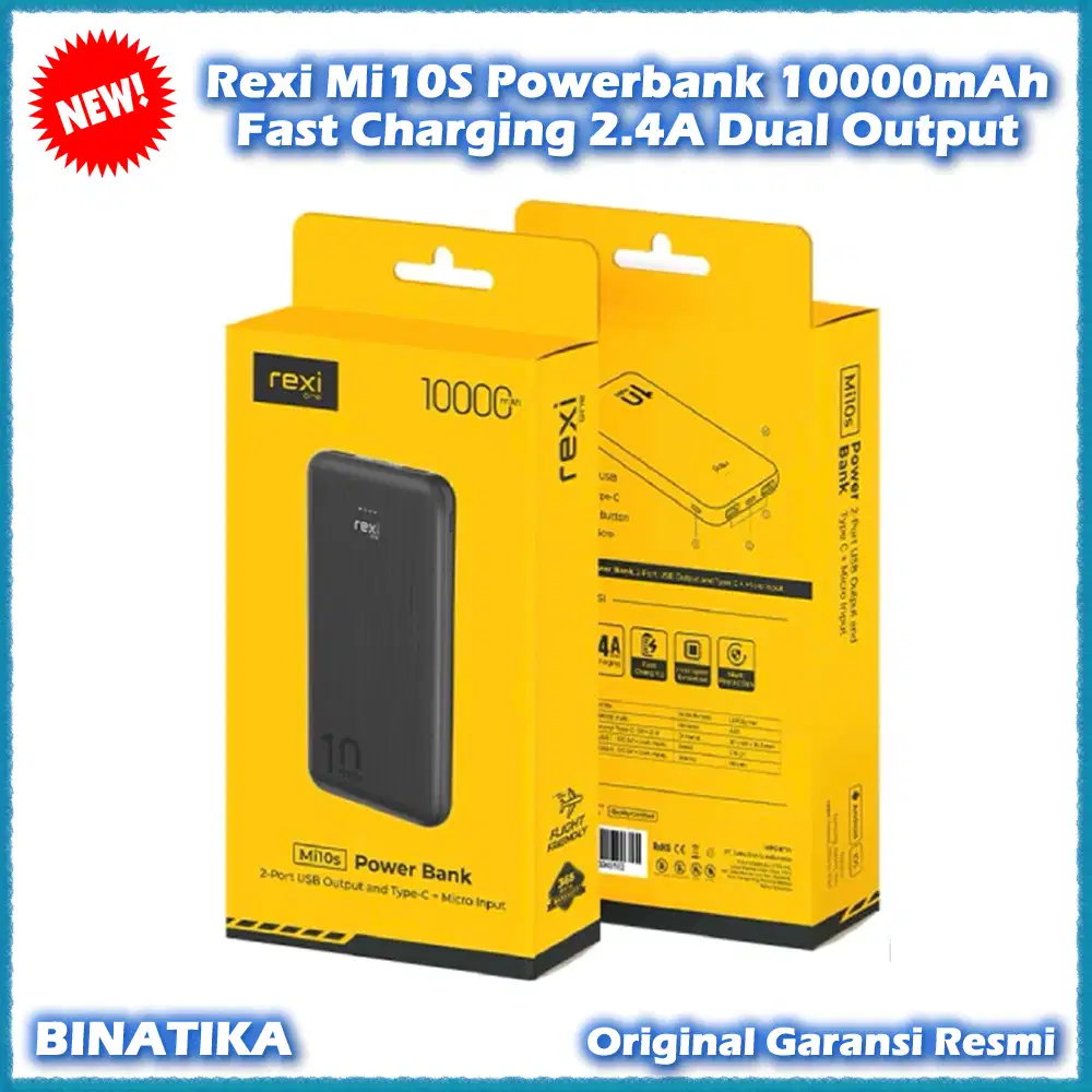 Rexi Mi10S Powerbank 10000mAh Fast Charging 2.4A Dual Output Ori Resmi
