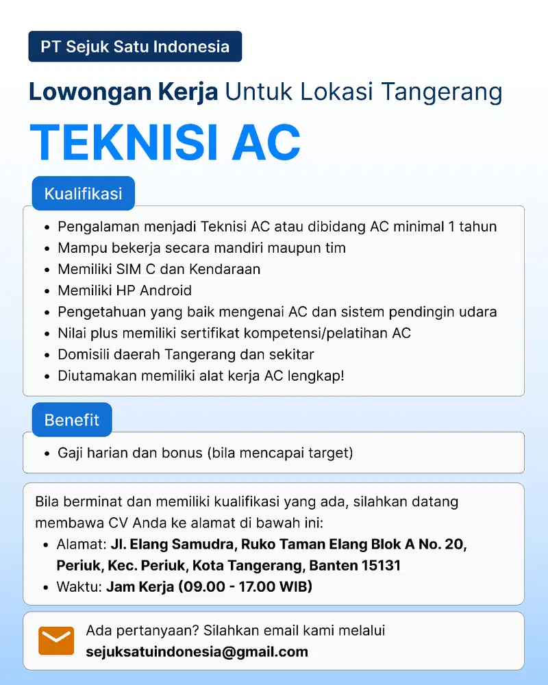 Lowongan Pekerjaan Teknisi AC di Tangerang