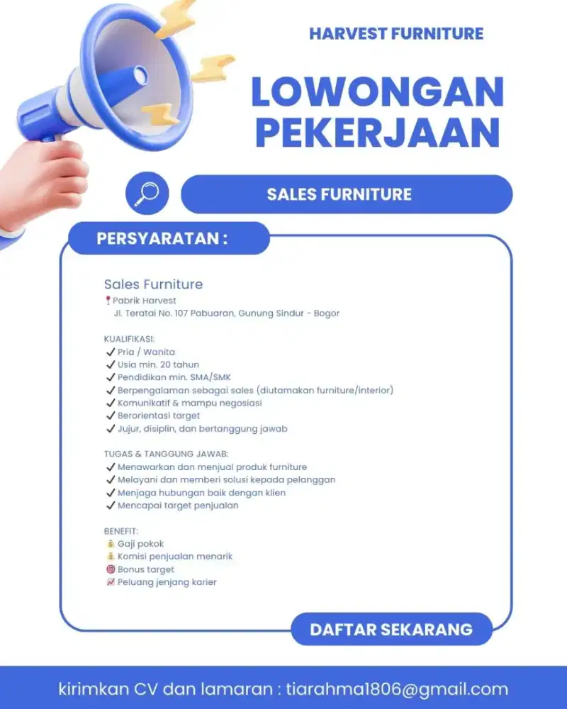 Dibutuhkan Segera Sales Furniture