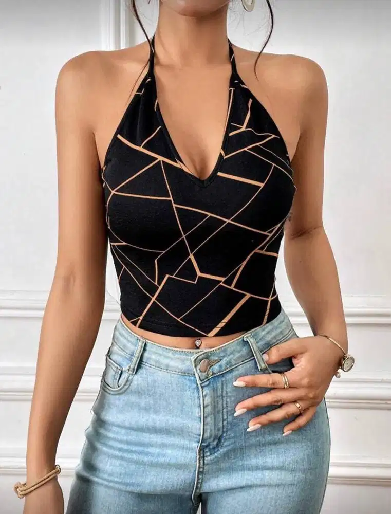 SHEIN Essnce Geo Print Backless Halter Top