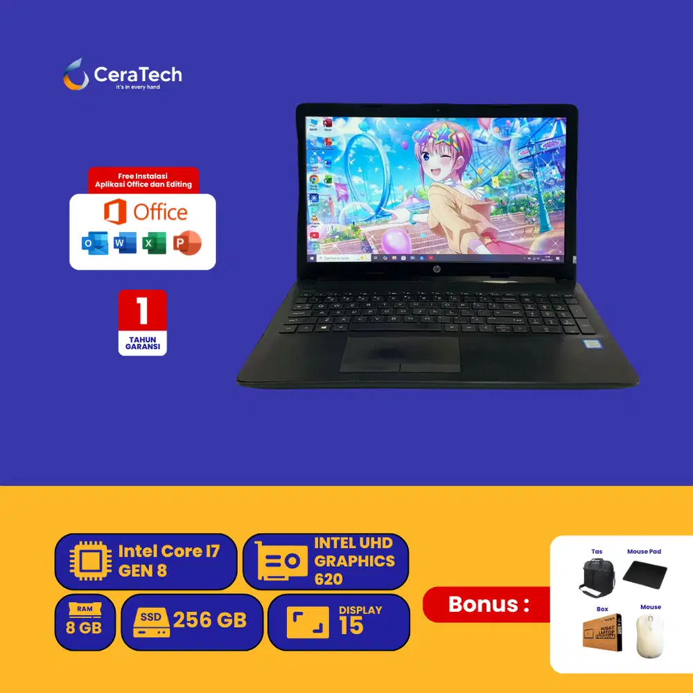 LAPTOP HP 15 DAXXX DENGAN INTEL CORE I7 GEN 8 RAM 8 GBB SSD 256 GB