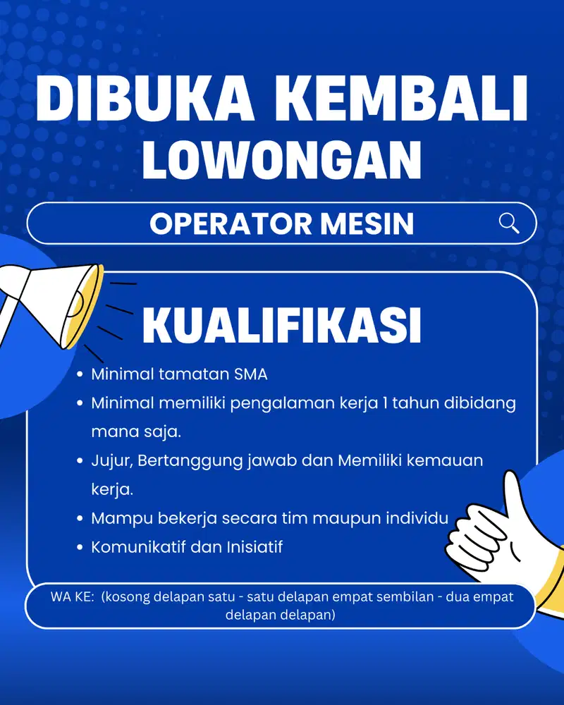 DIBUTUHKAN OPERATOR MESIN ELASTIC