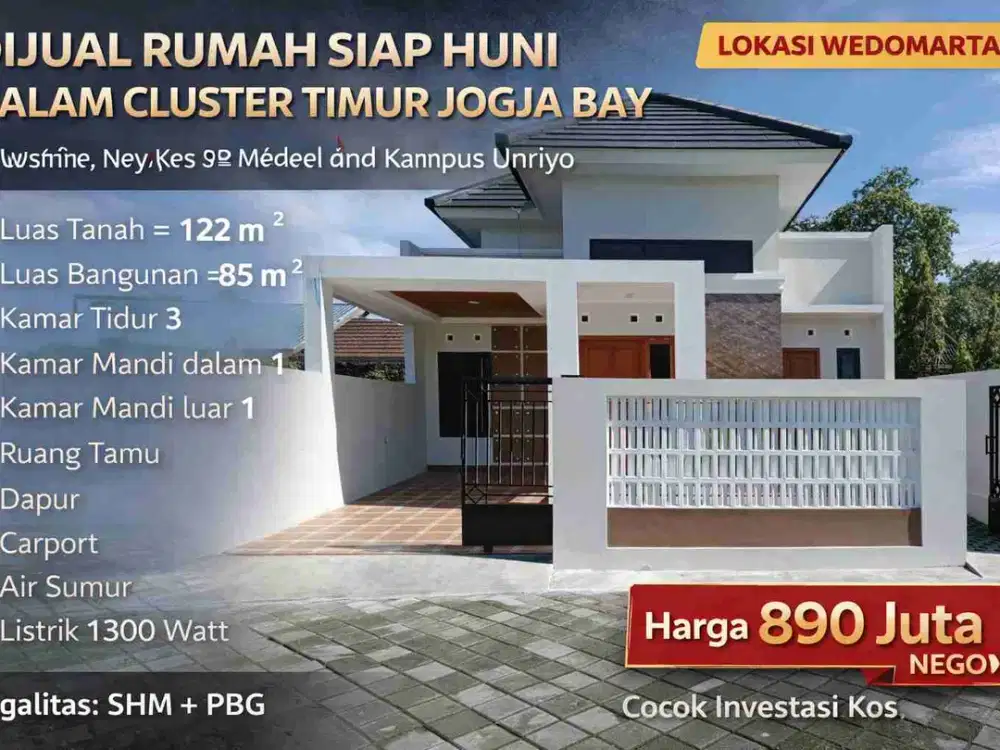 RUMAH SIAP HUNI DALAM CLUSTER TIMUR JOGJA – HARGA 890 JT NEGO