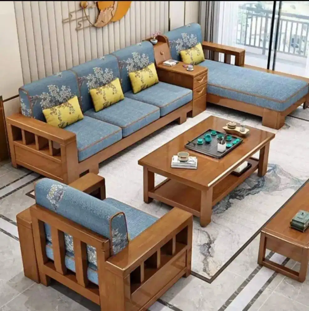 Sofa biru sadewa kayu jepara