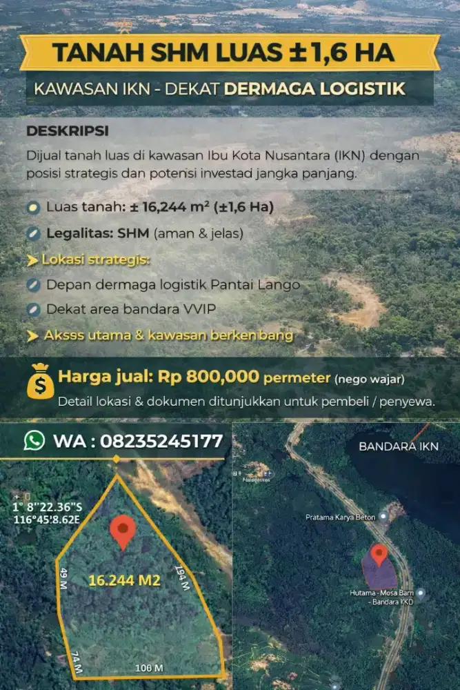 TANAH DIJUAL Luas 16,244m2 AREA KOMERSIL( IKN ) Depan Dermaga Logistik