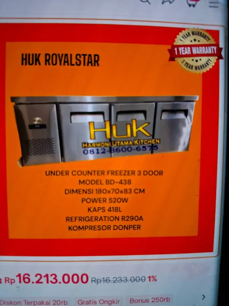 Huk Royalstar Undercounter Freezer 3 door.