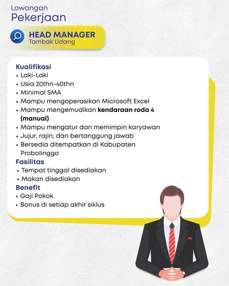 Dicari Head Manager Tambak Udang! Gaji + Bonus Menarik!