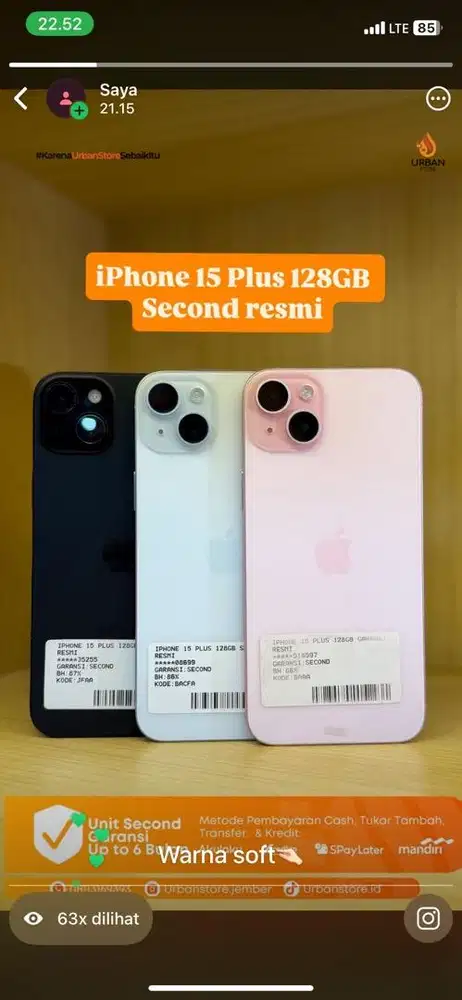 iPhone 15Plus 128GB second resmi