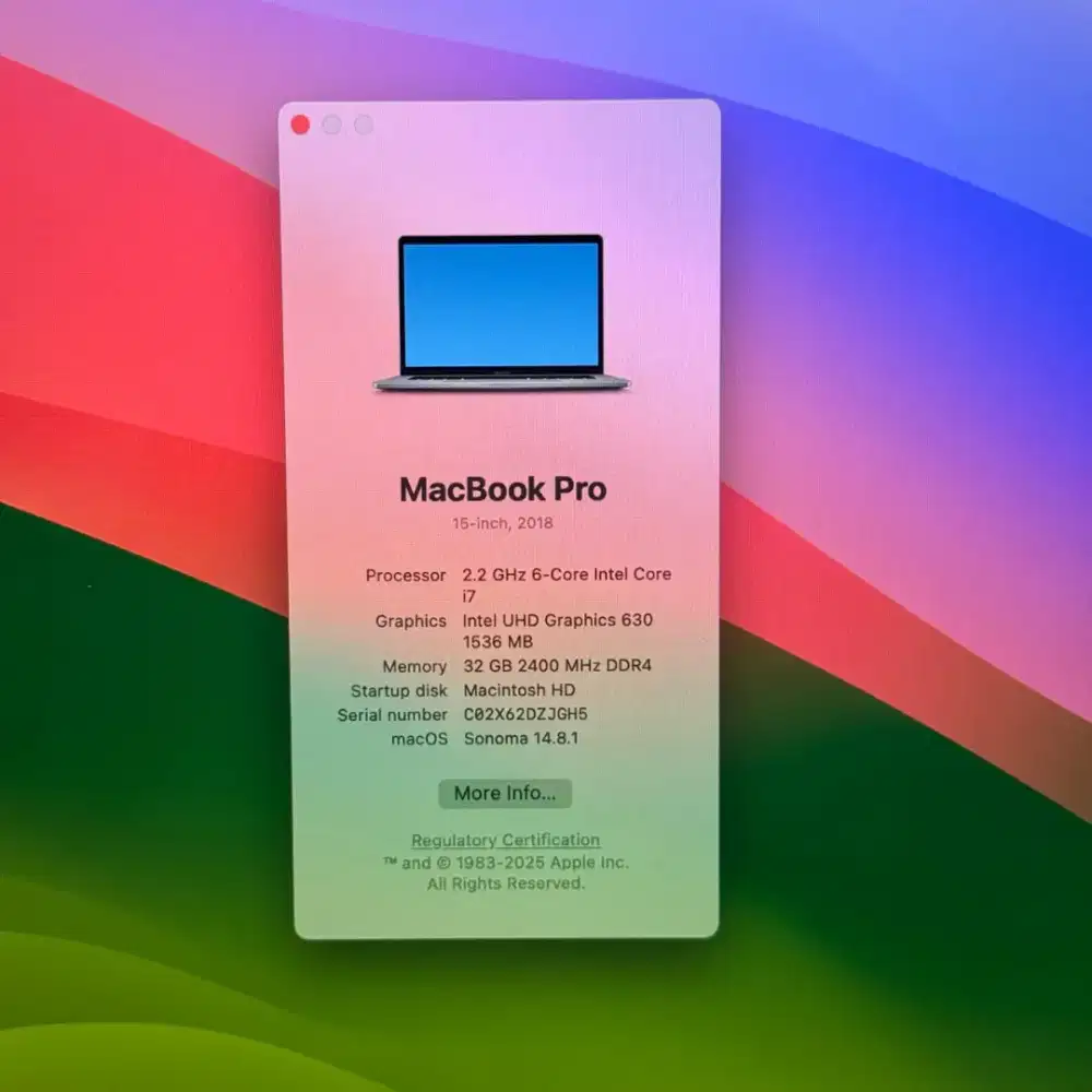 Macbook Pro 2018 layar 15 Inch Ram 32 Ssd 512 Core I7 lengkap full set