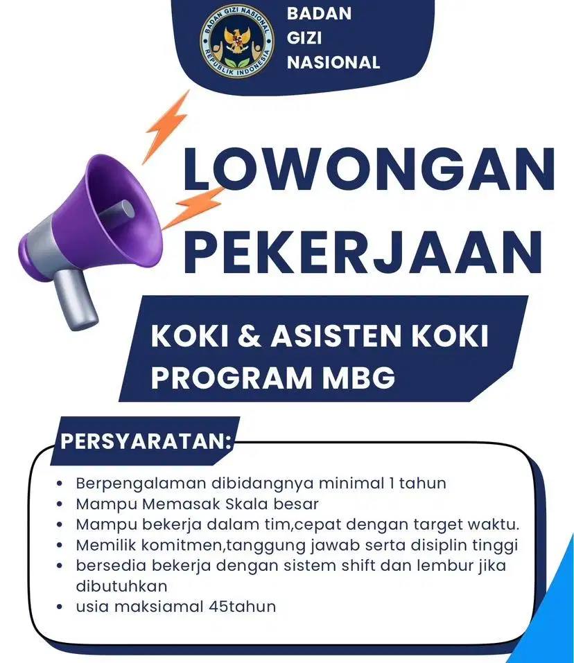 KOKI (CHEF) & ASISTEN KOKI TUKANG MASAK DAPUR MBG LOKER MBG