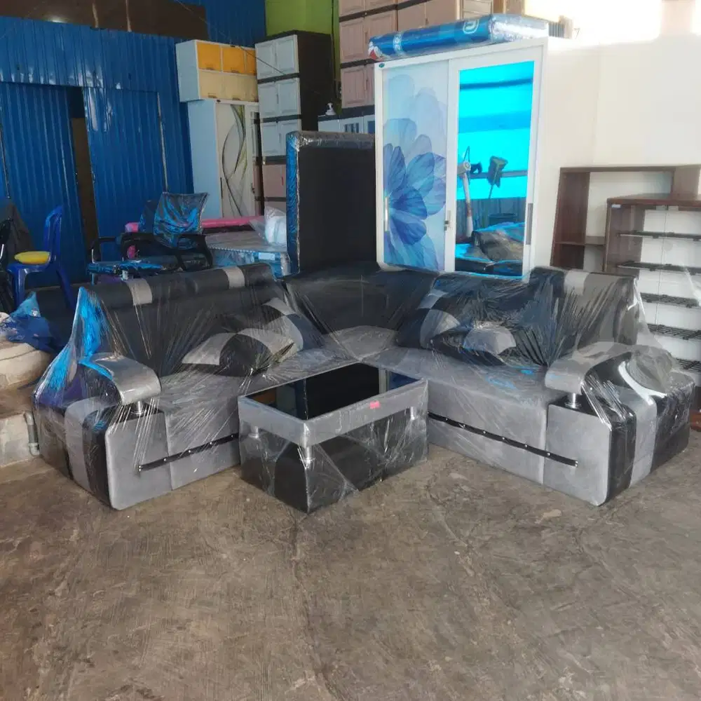 PROMO SET SOFA L WARNA ABU BAHAN BLUDRU KOMBINASI KULIT SALE TERLARIS