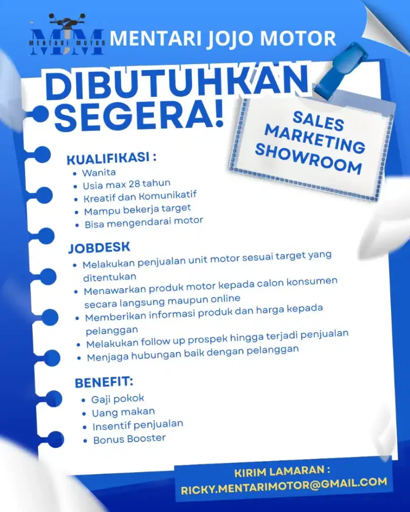 DIBUTUHKAN SEGERA SALES MARKETING SHOWROOM MOTOR