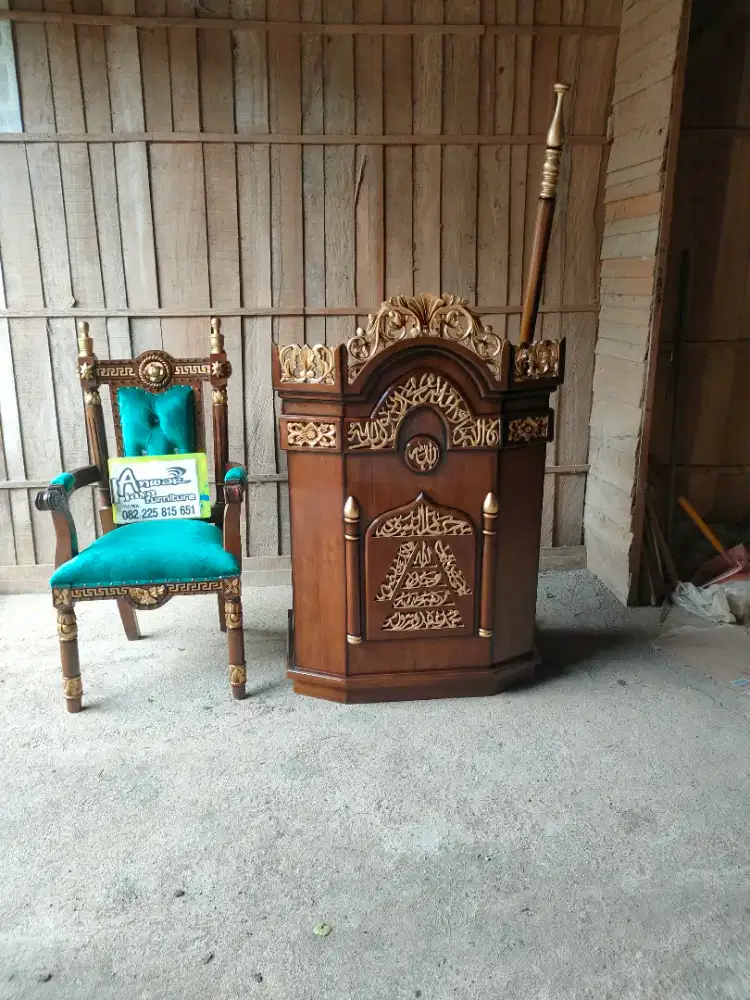 Mimbar masjid podium set kursi full kayu jati