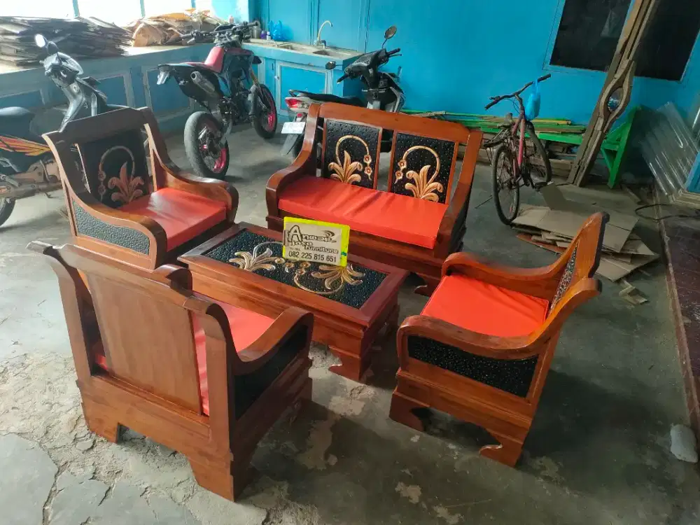 Kursi tamu minimalis semut set matras full kayu jati