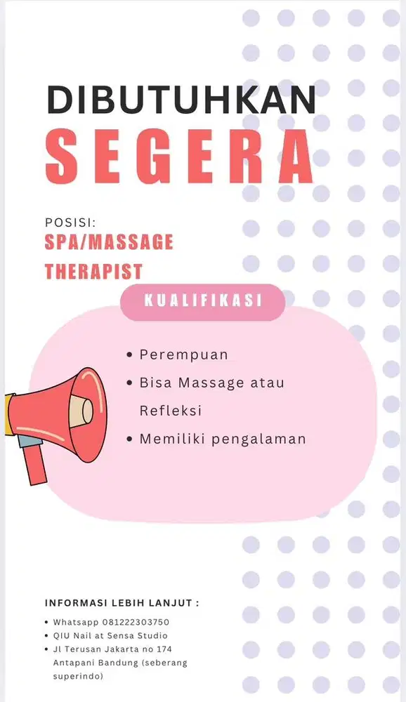 Dibuka lowongan Massage Therapist