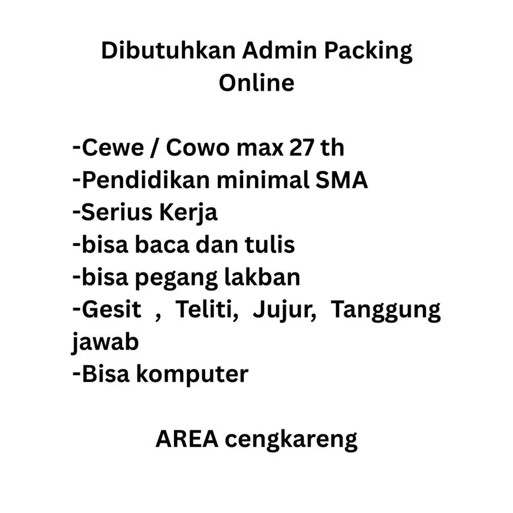 Dibutuhkan Admin Packing Online