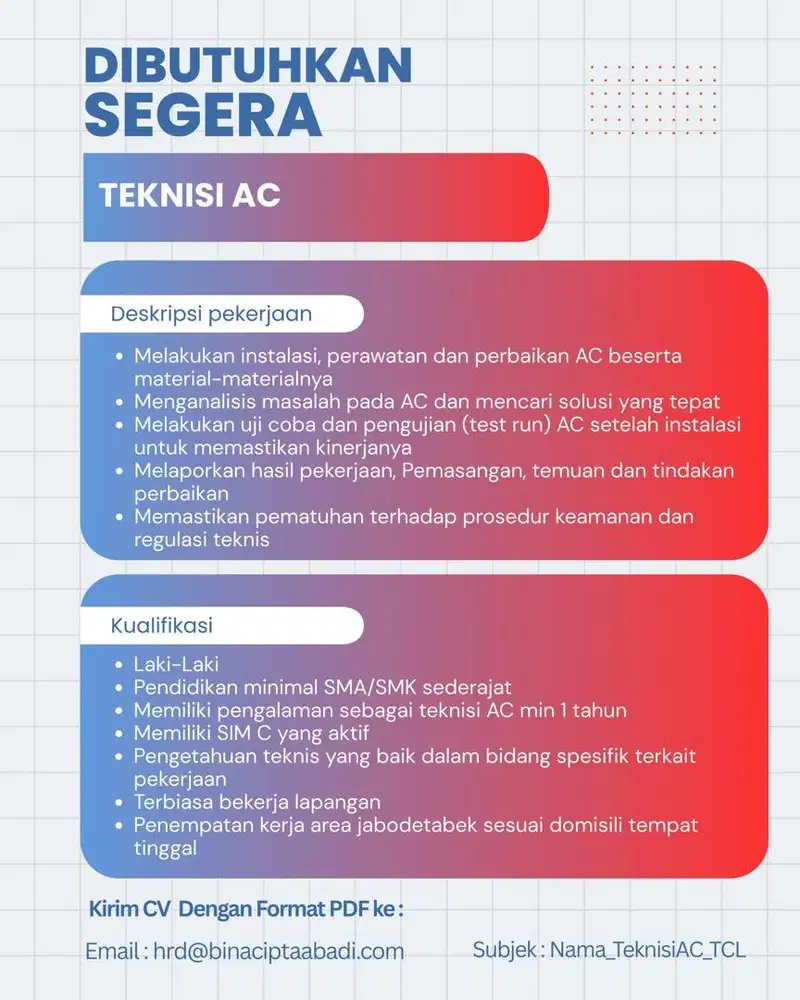 Dibutuhkan Teknisi AC