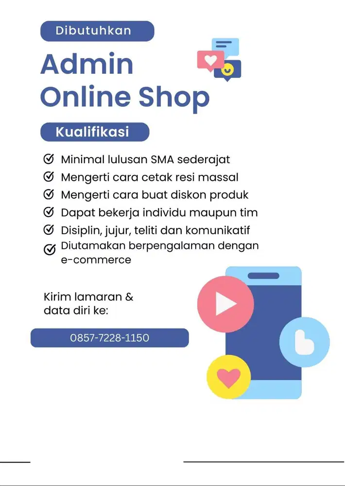 DIBUTUHKAN SEGERA ADMIN ONLINE SHOP BERPENGALAMAN