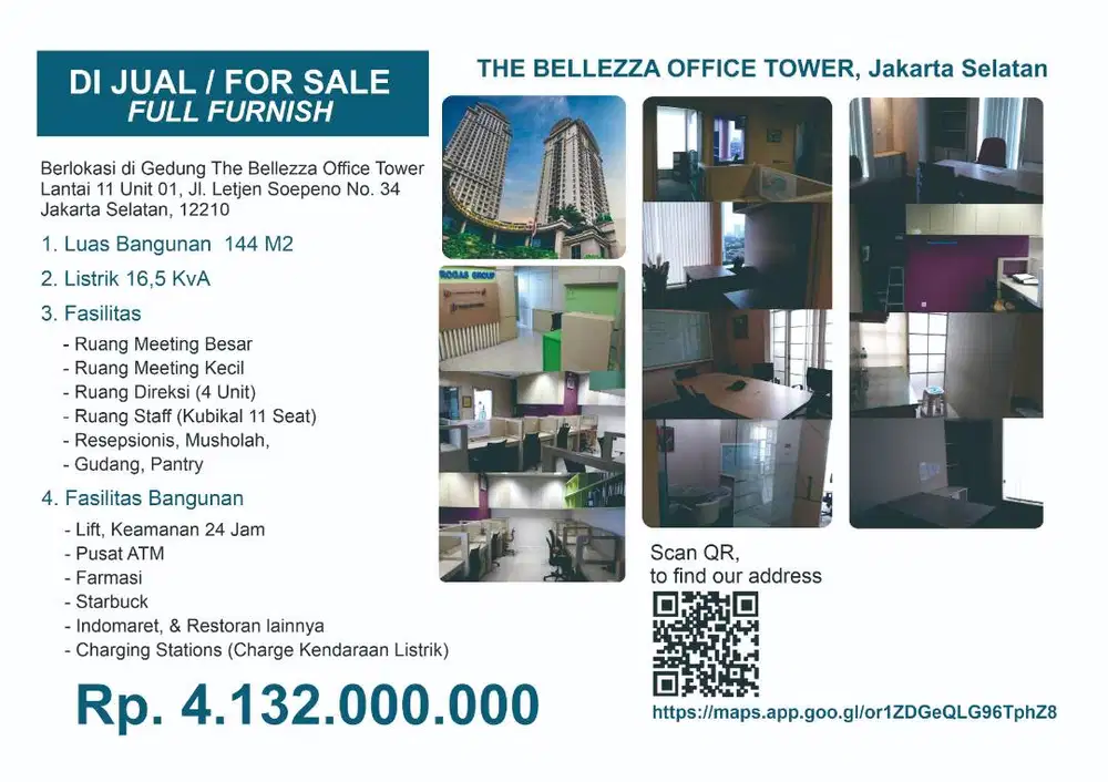 JUAL KANTOR / OFFICE FOR SALE (FULL FURNISH) THE BELLEZA OFFICE TOWER
