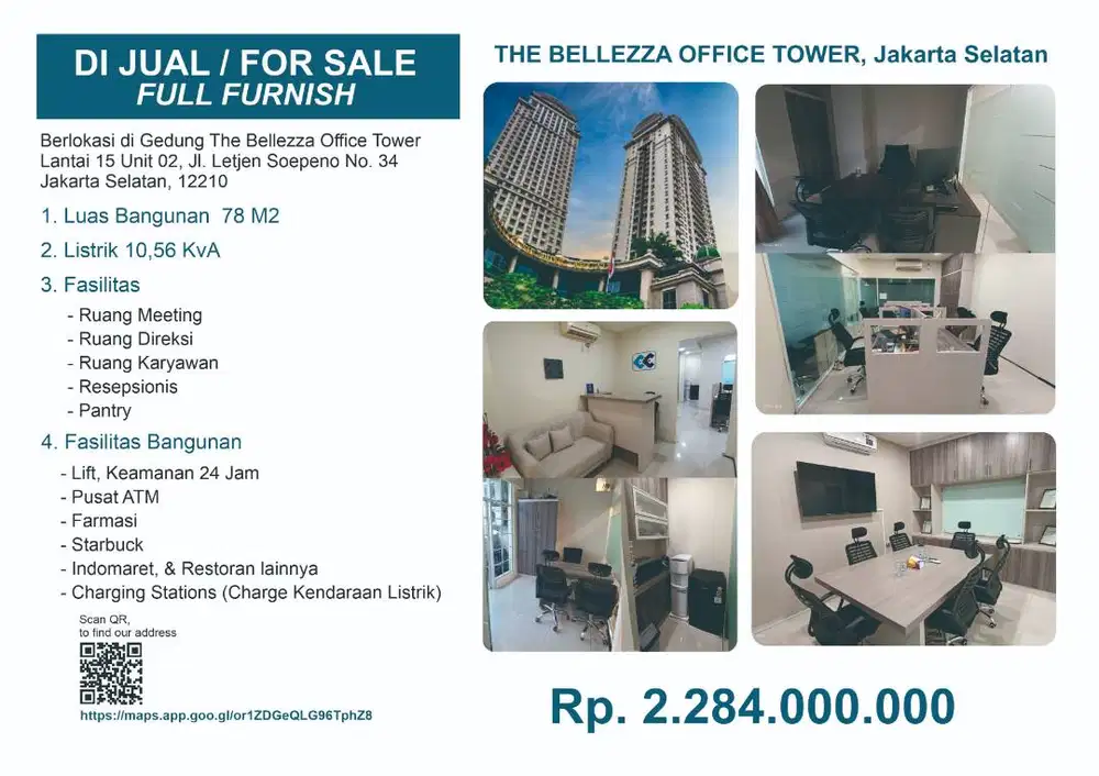 JUAL KANTOR / OFFICE FOR SALE (FULL FURNISH) THE BELLEZA OFFICE TOWER